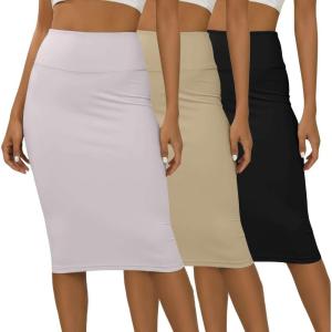imageReal Essentials 3 Pack Womens Soft Midi Skirt  High Waisted Pencil Work Office Business Casual Skirts with Back Slit PlusSet 5