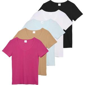 imageReal Essentials 5 Pack Womens Ribbed VNeck TShirt Short Sleeve Tee Shirt Soft Casual Lounge Everyday Top Ladies TeensSet 8