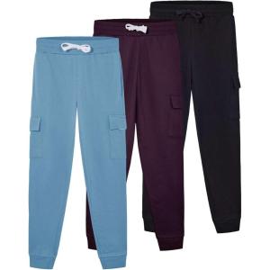imageReal Essentials 3 Pack Girls Fleece Cargo Joggers Athletic Sweatpants  Casual Pants with Pockets Ages 616Set 4
