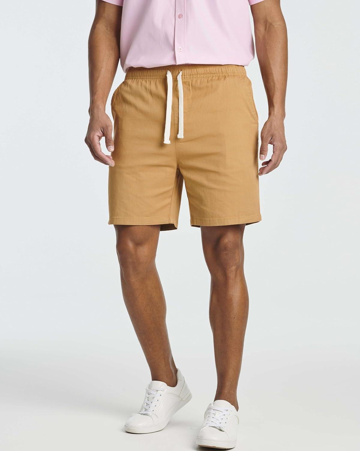 imageReal Essentials 3 Pack Mens 7quot Cotton Chino Golf Walking Shorts Elastic Waist Drawstring Back Pockets Casual Lounge HybridSet 3