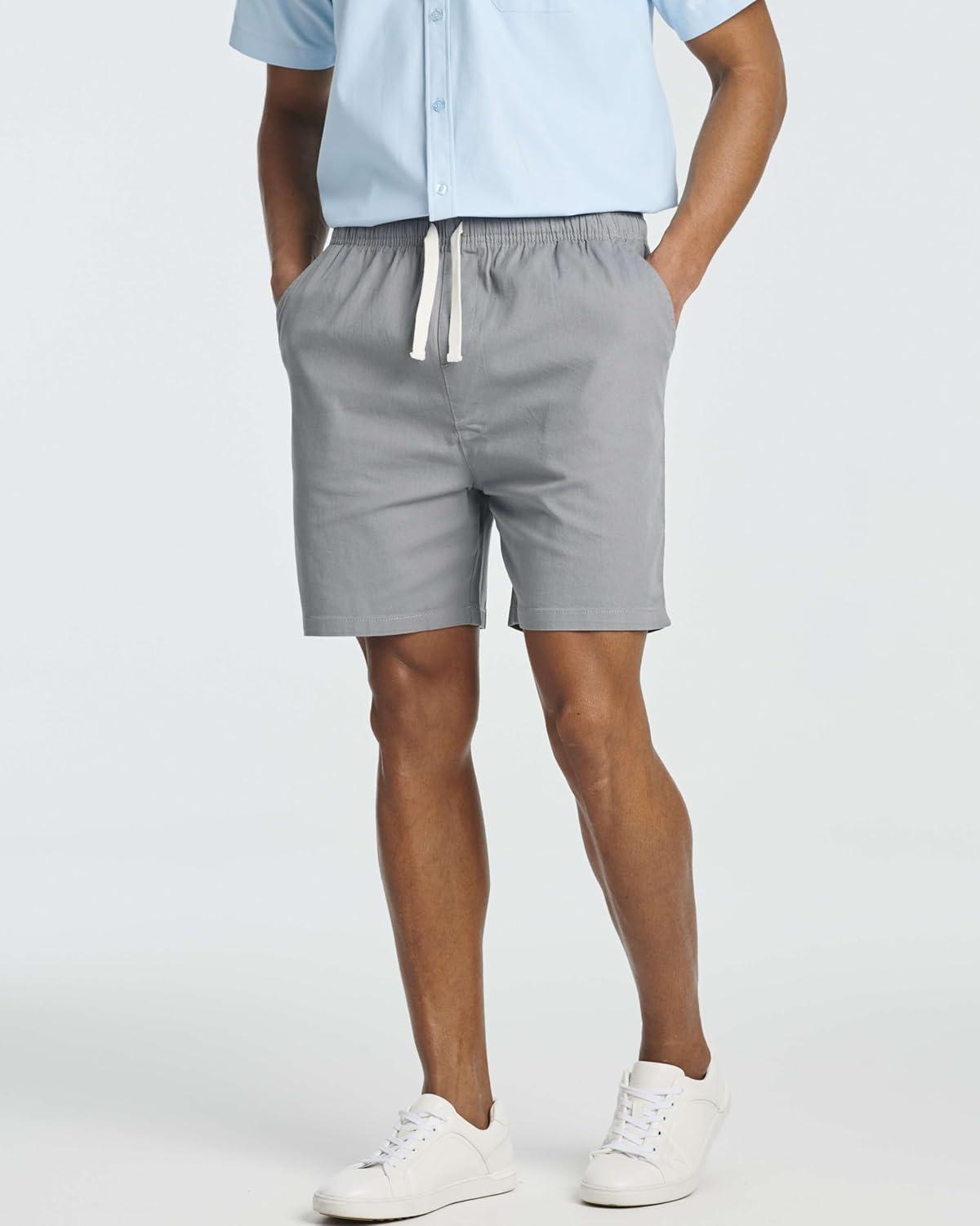 imageReal Essentials 3 Pack Mens 7quot Cotton Chino Golf Walking Shorts Elastic Waist Drawstring Back Pockets Casual Lounge HybridSet 7