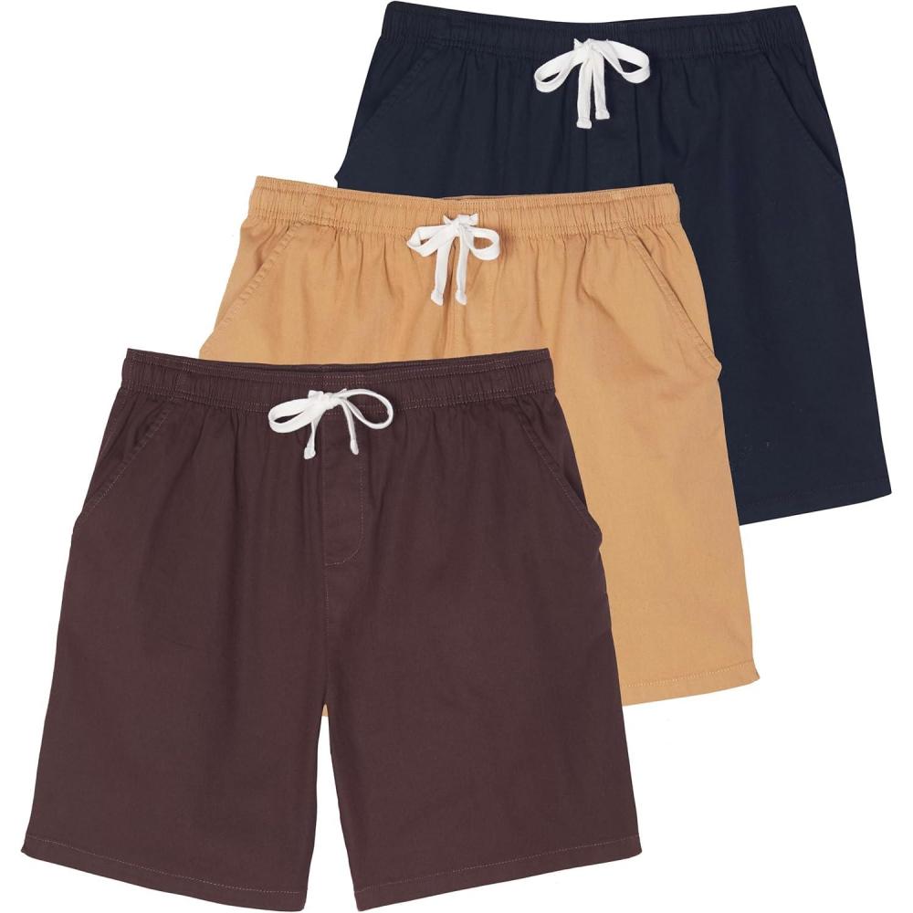 imageReal Essentials 3 Pack Mens 7quot Cotton Chino Golf Walking Shorts Elastic Waist Drawstring Back Pockets Casual Lounge HybridSet 3
