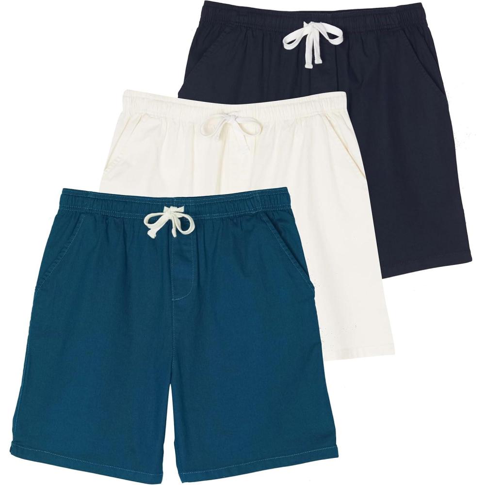 imageReal Essentials 3 Pack Mens 7quot Cotton Chino Golf Walking Shorts Elastic Waist Drawstring Back Pockets Casual Lounge HybridSet 6