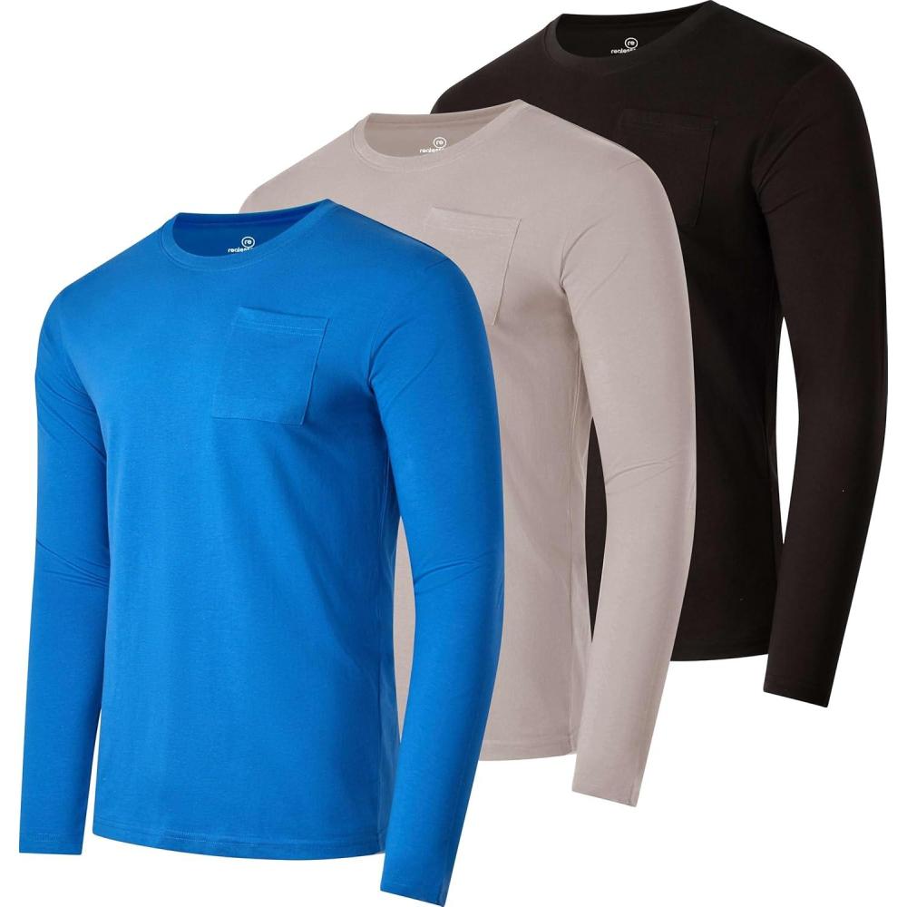 imageReal Essentials 3 Pack Mens Cotton Performance Long Sleeve Crew Neck Pocket TShirt Athletic Top Available in Big ampamp TallSet 8