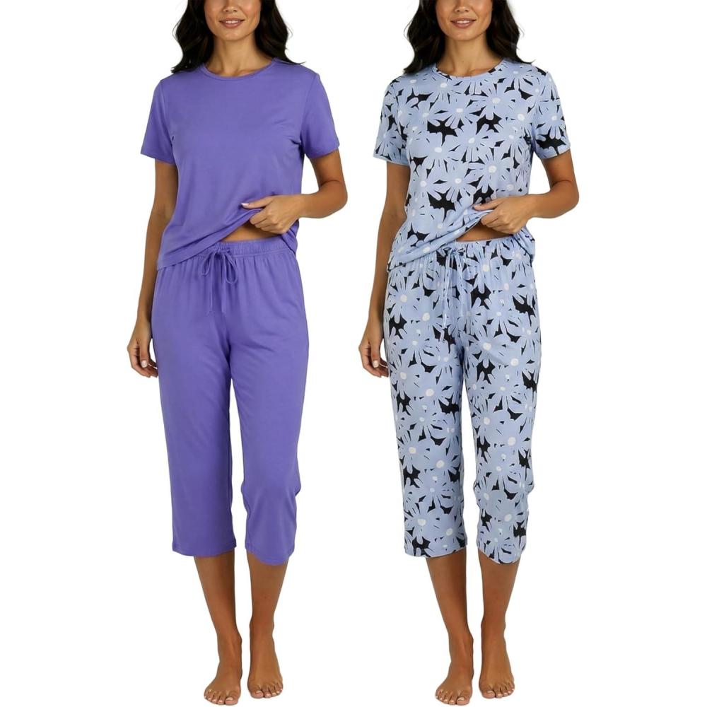 imageReal Essentials 2 Pack Womens Pajamas Short Sleeve Sleepwear Tops and Capri Pants Pjs Print Pajama Sets Available In PlusSet 2