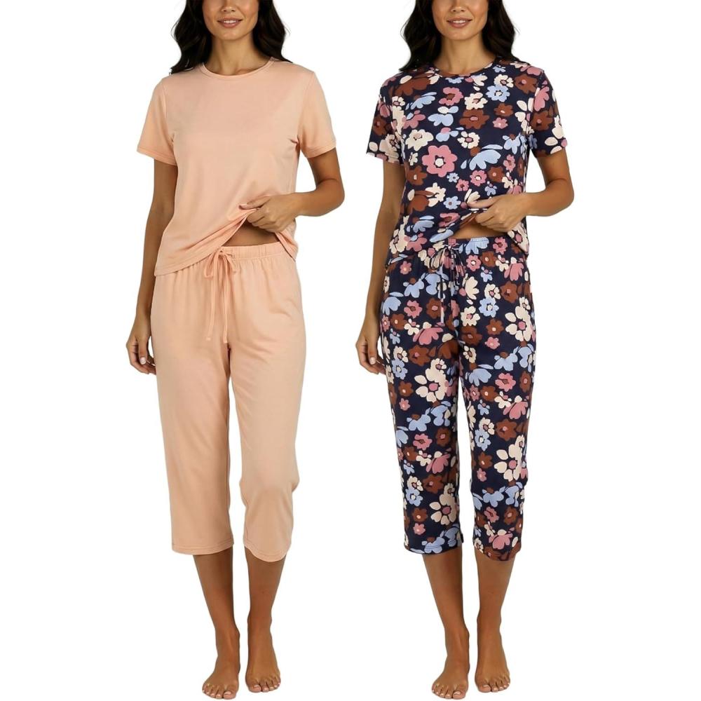 imageReal Essentials 2 Pack Womens Pajamas Short Sleeve Sleepwear Tops and Capri Pants Pjs Print Pajama Sets Available In PlusSet 5