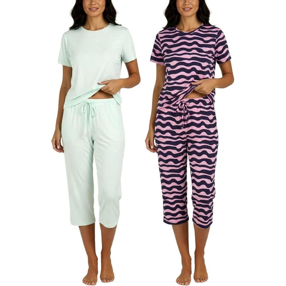 imageReal Essentials 2 Pack Womens Pajamas Short Sleeve Sleepwear Tops and Capri Pants Pjs Print Pajama Sets Available In PlusSet 8