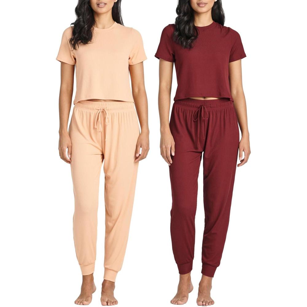 imageReal Essentials 2 Pack Womens Ribbed Knit Lounge Sets  Short Sleeve Top with Jogger SweatpantsWith Jogger Set 1