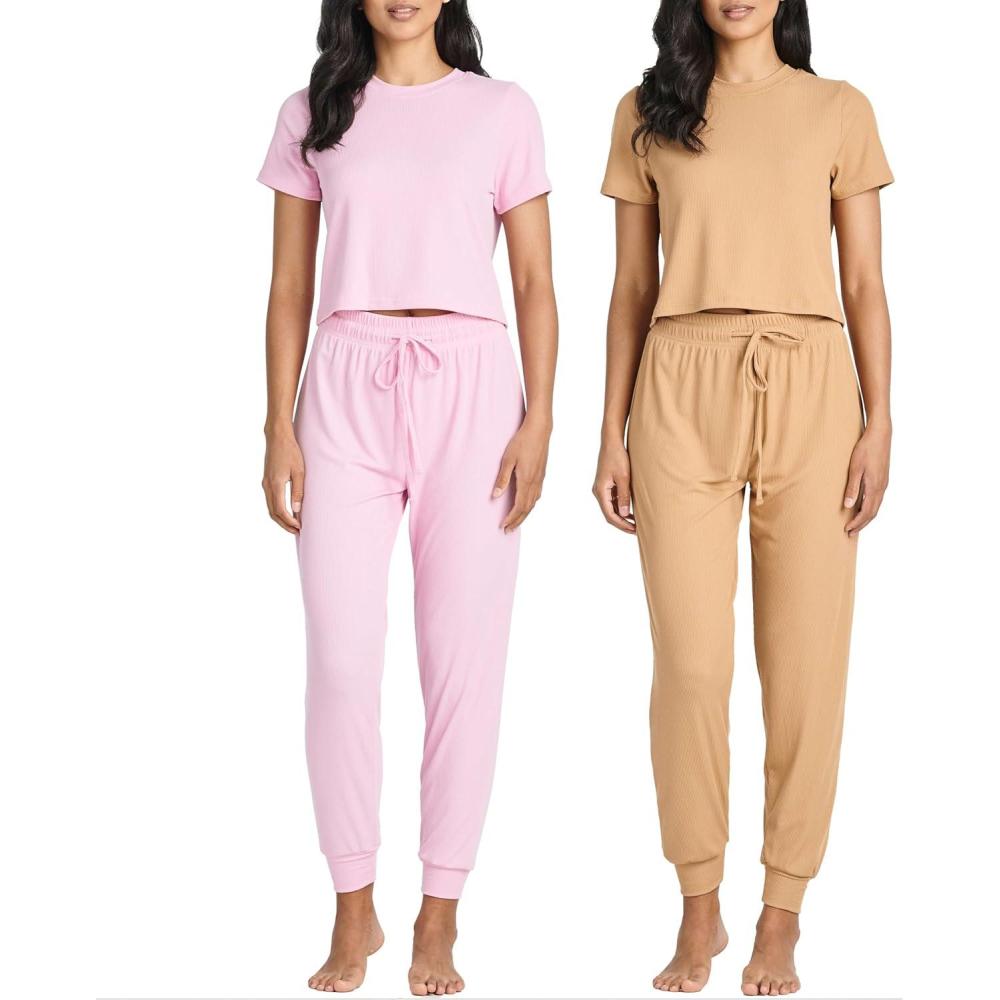 imageReal Essentials 2 Pack Womens Ribbed Knit Lounge Sets  Short Sleeve Top with Jogger SweatpantsWith Jogger Set 3