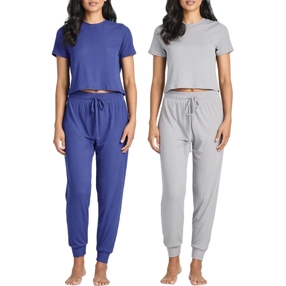 imageReal Essentials 2 Pack Womens Ribbed Knit Lounge Sets  Short Sleeve Top with Jogger SweatpantsWith Jogger Set 4