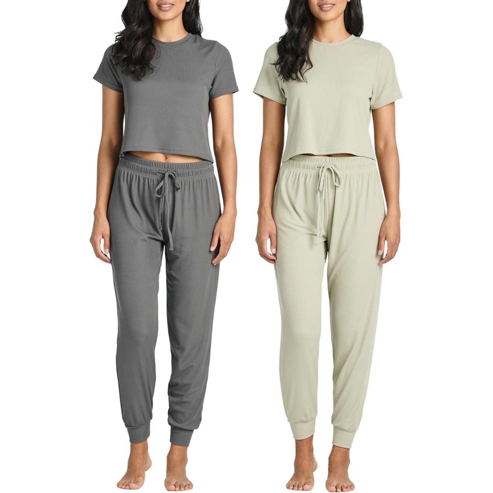 imageReal Essentials 2 Pack Womens Ribbed Knit Lounge Sets  Short Sleeve Top with Jogger SweatpantsWith Jogger Set 6