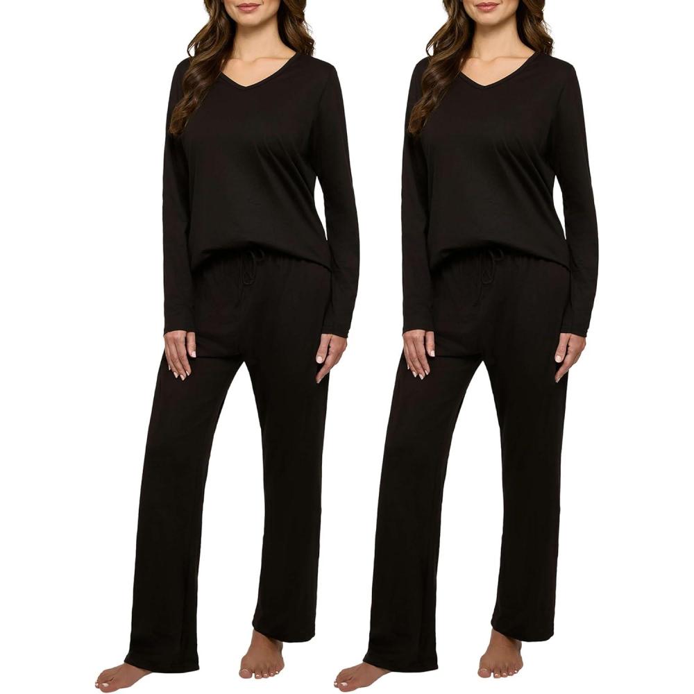 imageReal Essentials 2 Pack Womens Soft Cotton Long Sleeve Pajama Set with Pants  Lounge Sets for Women Available In PlusSet 2