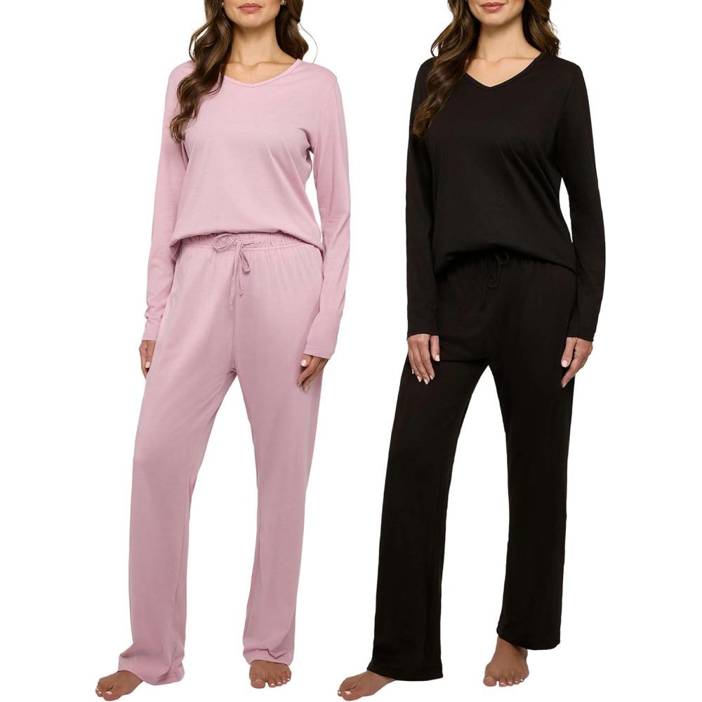 imageReal Essentials 2 Pack Womens Soft Cotton Long Sleeve Pajama Set with Pants  Lounge Sets for Women Available In PlusSet 3