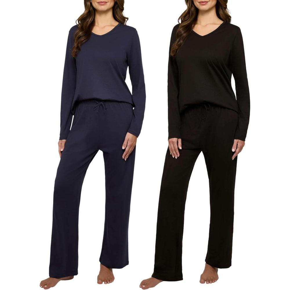 imageReal Essentials 2 Pack Womens Soft Cotton Long Sleeve Pajama Set with Pants  Lounge Sets for Women Available In PlusSet 4