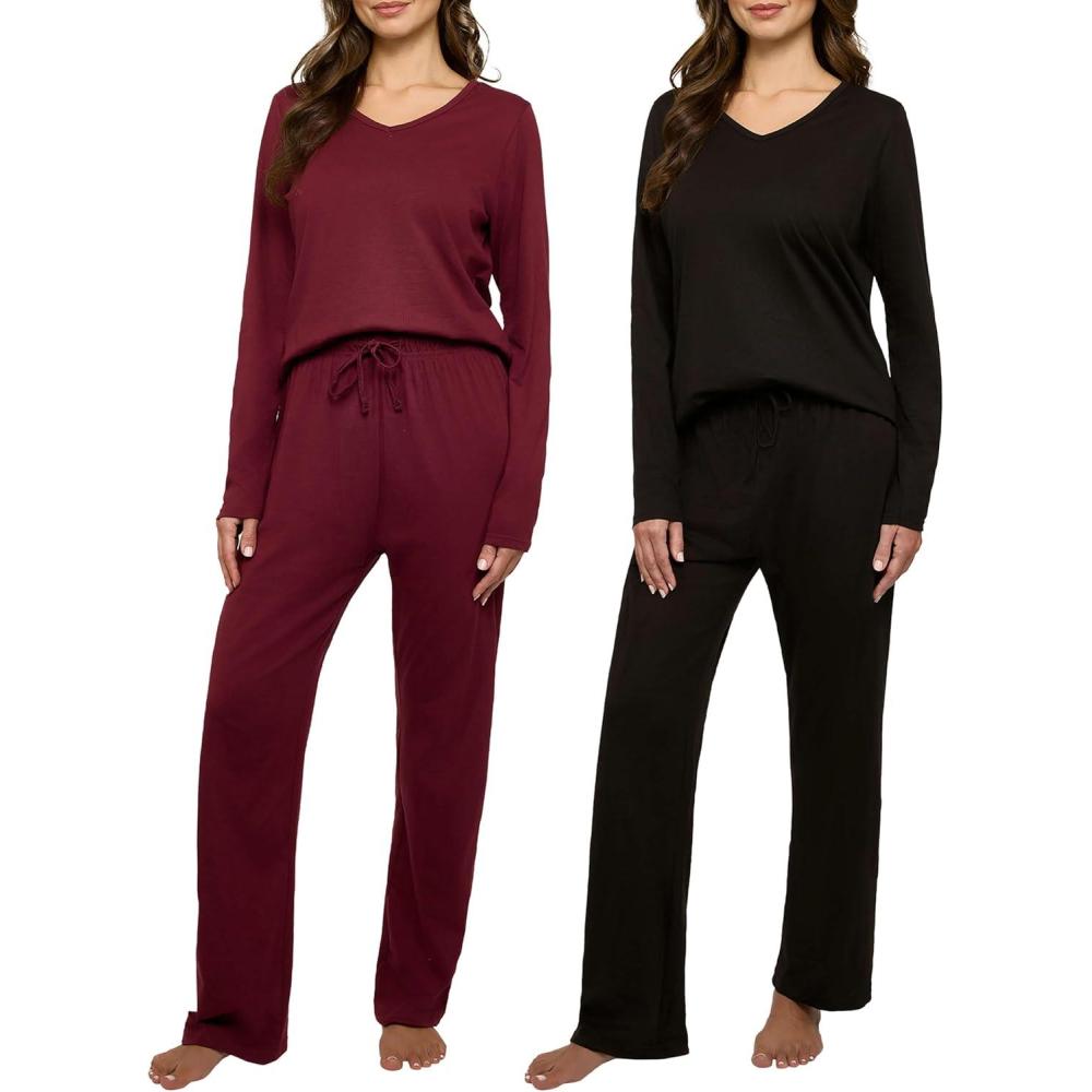 imageReal Essentials 2 Pack Womens Soft Cotton Long Sleeve Pajama Set with Pants  Lounge Sets for Women Available In PlusSet 5