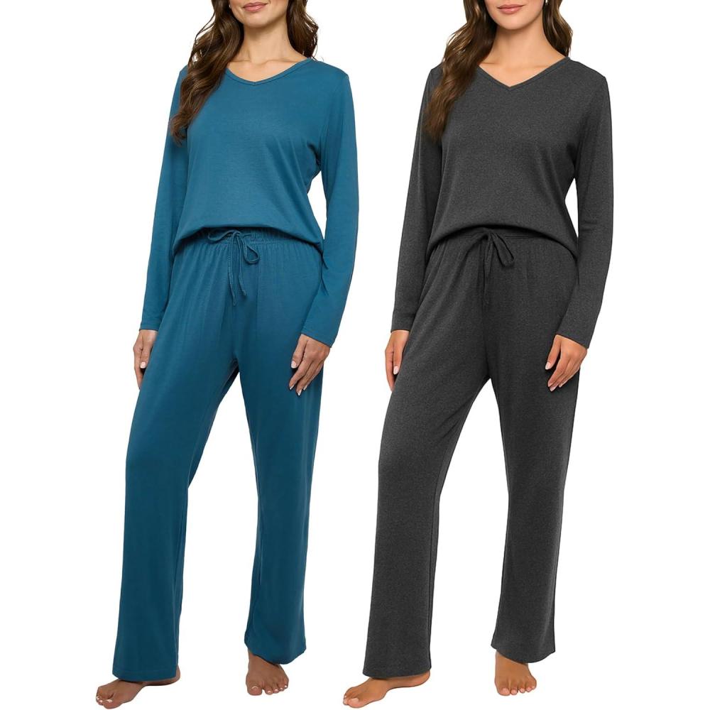 imageReal Essentials 2 Pack Womens Soft Cotton Long Sleeve Pajama Set with Pants  Lounge Sets for Women Available In PlusSet 6
