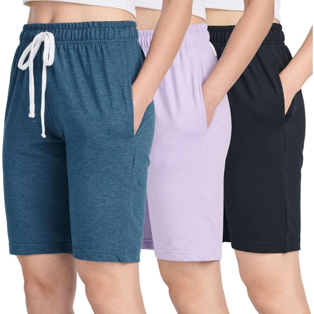 imageReal Essentials 3 Pack Womens Cotton Terry Jersey 9quot Bermuda Shorts PocketsCasual Lounge Yoga Available in Plus SizeSet 4