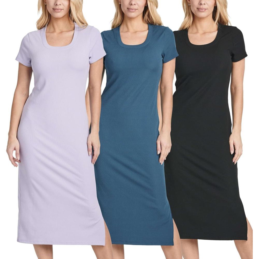 imageReal Essentials 3 Pack Womens Ribbed Jersey Crew Neck Short Sleeve Midi Length Dress with Side SlitBlack  Purple  Blue