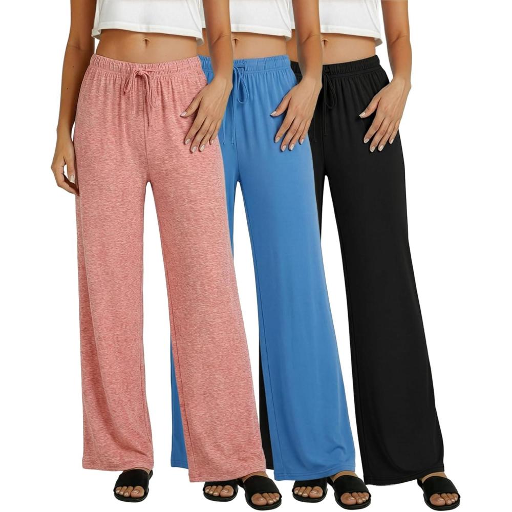 imageReal Essentials 3 Pack Womens Soft Palazzo Pants  Wide Leg Yoga Casual Loungewear Pajama Pj Bottoms Plus AvailableSet 1