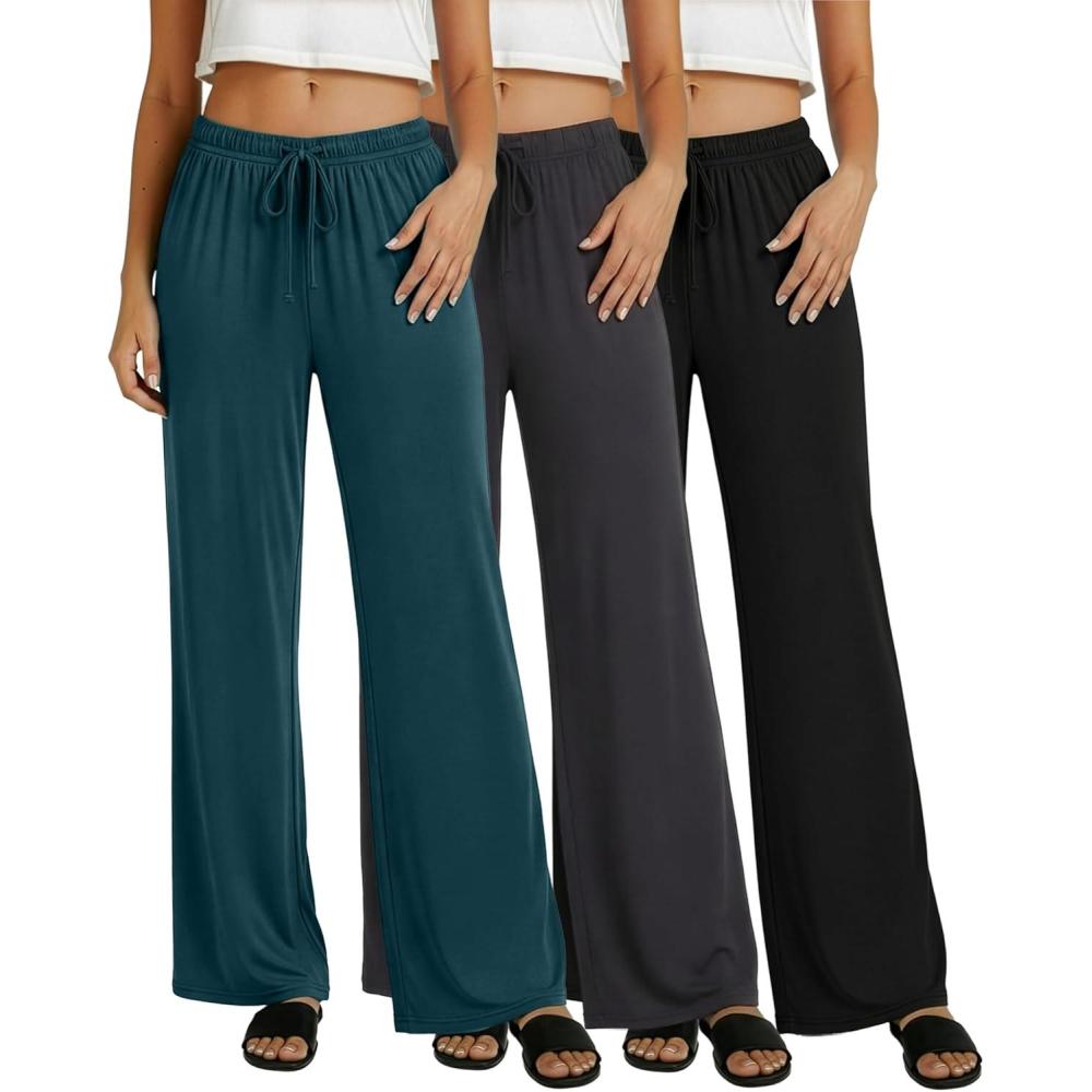 imageReal Essentials 3 Pack Womens Soft Palazzo Pants  Wide Leg Yoga Casual Loungewear Pajama Pj Bottoms Plus AvailableSet 3