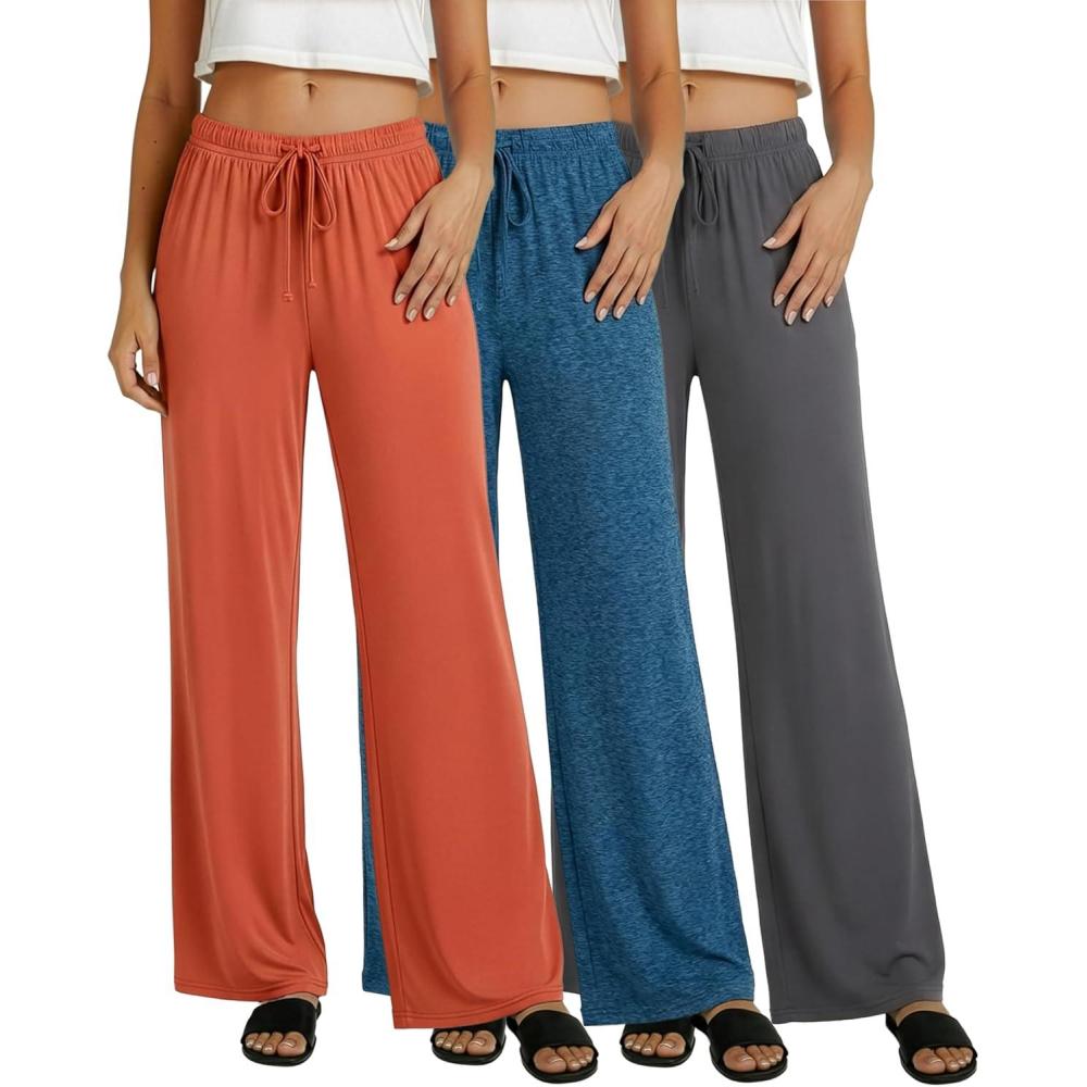 imageReal Essentials 3 Pack Womens Soft Palazzo Pants  Wide Leg Yoga Casual Loungewear Pajama Pj Bottoms Plus AvailableSet 4