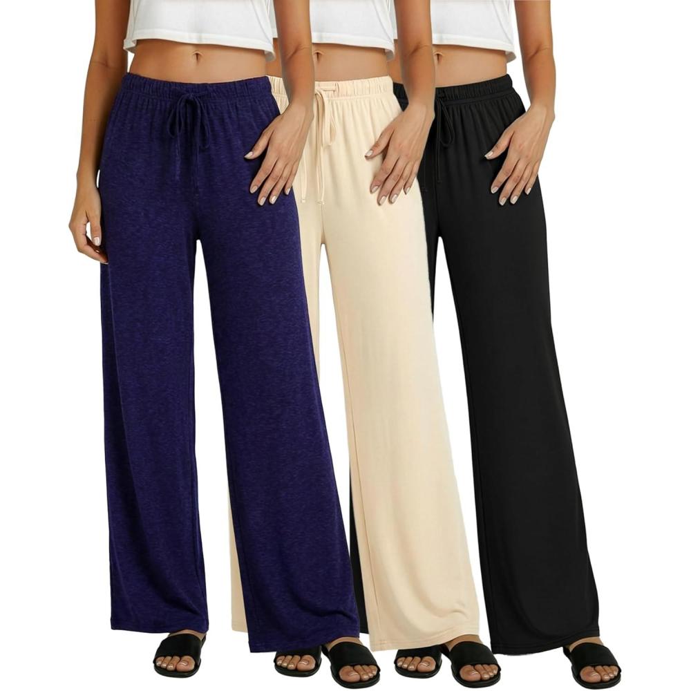 imageReal Essentials 3 Pack Womens Soft Palazzo Pants  Wide Leg Yoga Casual Loungewear Pajama Pj Bottoms Plus AvailableSet 5