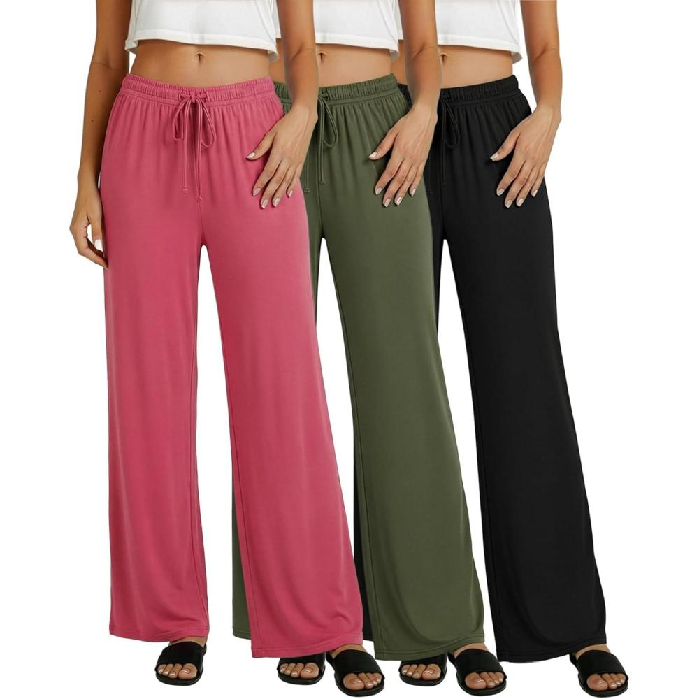 imageReal Essentials 3 Pack Womens Soft Palazzo Pants  Wide Leg Yoga Casual Loungewear Pajama Pj Bottoms Plus AvailableSet 6