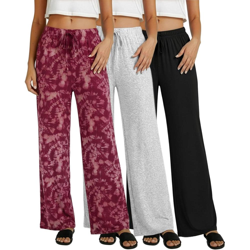 imageReal Essentials 3 Pack Womens Soft Palazzo Pants  Wide Leg Yoga Casual Loungewear Pajama Pj Bottoms Plus AvailableSet 7