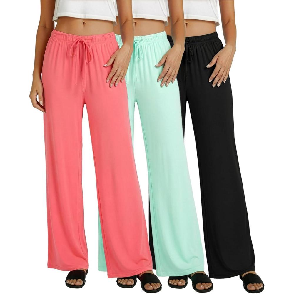 imageReal Essentials 3 Pack Womens Soft Palazzo Pants  Wide Leg Yoga Casual Loungewear Pajama Pj Bottoms Plus AvailableSet 8