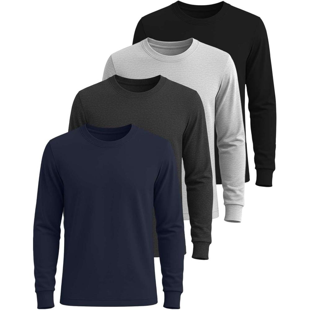 imageReal Essentials 4 Pack Mens 100 Cotton Long Sleeve Crew Neck TShirt  Soft Work Casual Jersey TeesSet 2