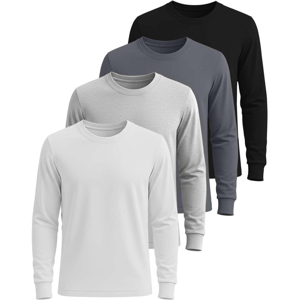 imageReal Essentials 4 Pack Mens 100 Cotton Long Sleeve Crew Neck TShirt  Soft Work Casual Jersey TeesSet 3