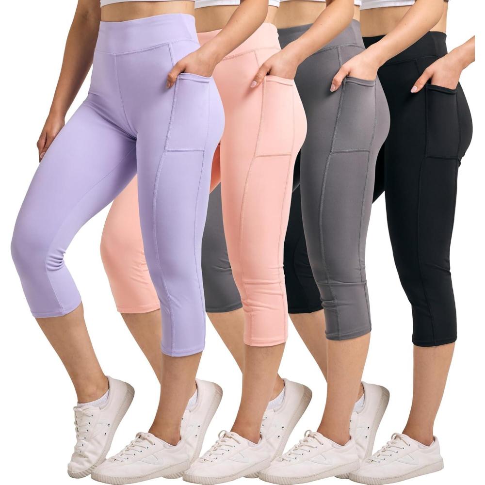 imageReal Essentials 4 Pack Womens Capri Leggings with Pockets Casual Yoga Workout Exercise Pants Available in Plus SizeSet 4