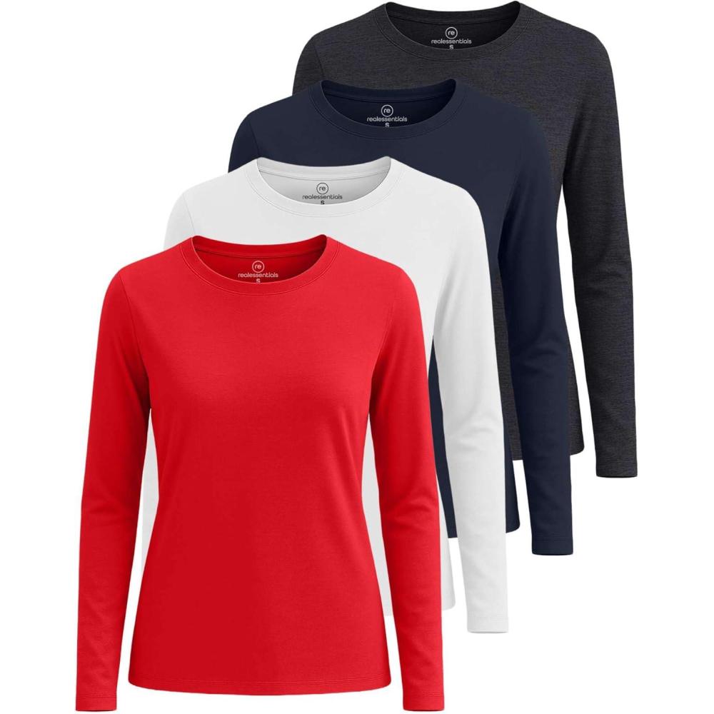 imageReal Essentials 4 Pack Womens Cotton ClassicFit LongSleeve Crewneck TShirt Available in Plus SizeSet 8