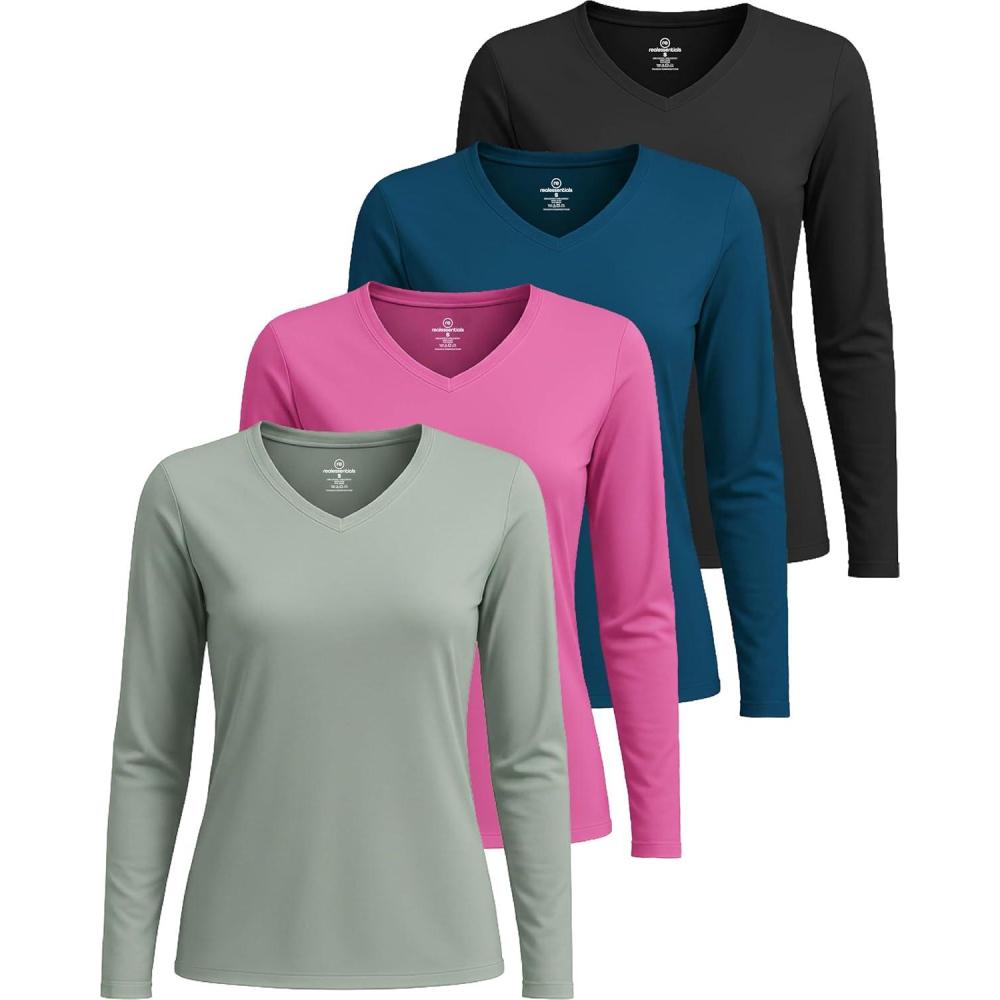 imageReal Essentials 4 Pack Womens Long Sleeve Dry Fit VNeck TShirt  Active Athletic Workout Gym Top Plus AvailableSet 2