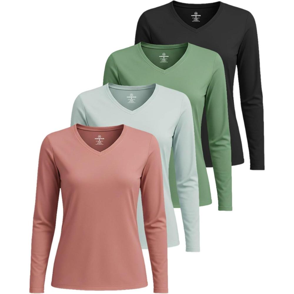 imageReal Essentials 4 Pack Womens Long Sleeve Dry Fit VNeck TShirt  Active Athletic Workout Gym Top Plus AvailableSet 4