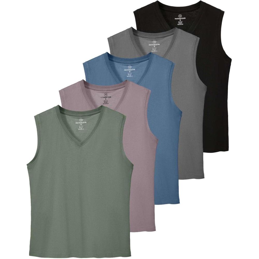 imageReal Essentials 5 Pack Womens 100 Cotton VNeck Sleeveless Tank Top Basic Ladies Casual Shirts Available in Plus SizeSet 2