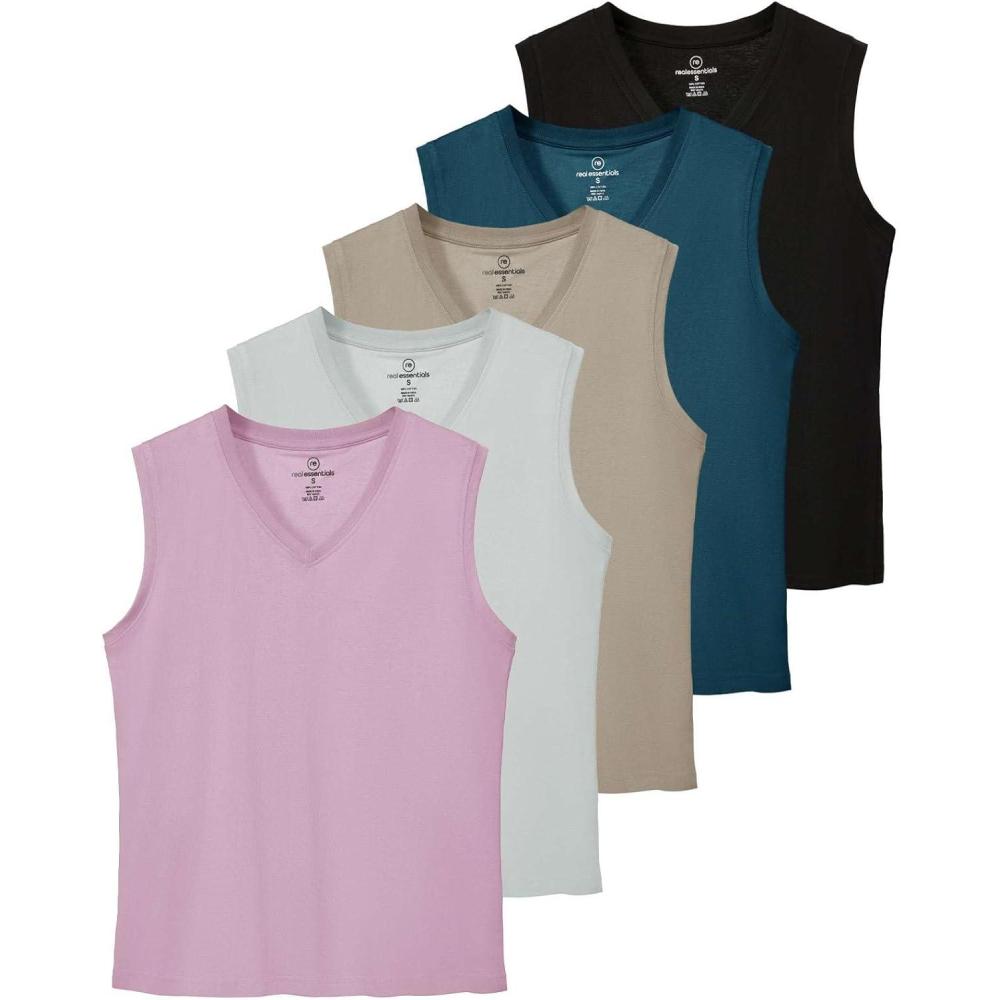imageReal Essentials 5 Pack Womens 100 Cotton VNeck Sleeveless Tank Top Basic Ladies Casual Shirts Available in Plus SizeSet 3