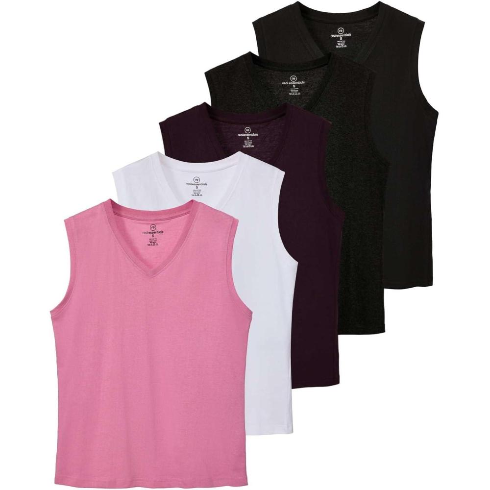imageReal Essentials 5 Pack Womens 100 Cotton VNeck Sleeveless Tank Top Basic Ladies Casual Shirts Available in Plus SizeSet 4