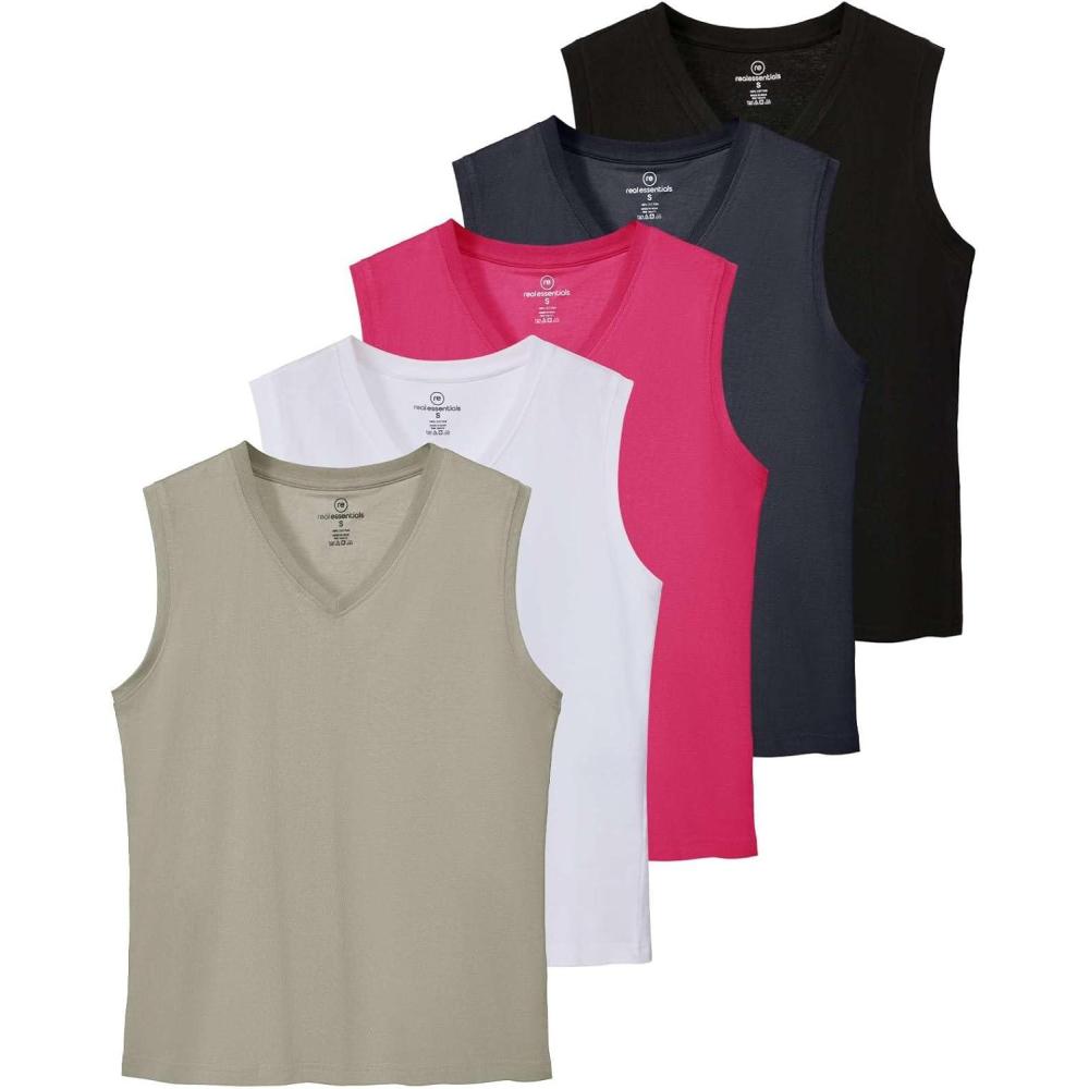 imageReal Essentials 5 Pack Womens 100 Cotton VNeck Sleeveless Tank Top Basic Ladies Casual Shirts Available in Plus SizeSet 5