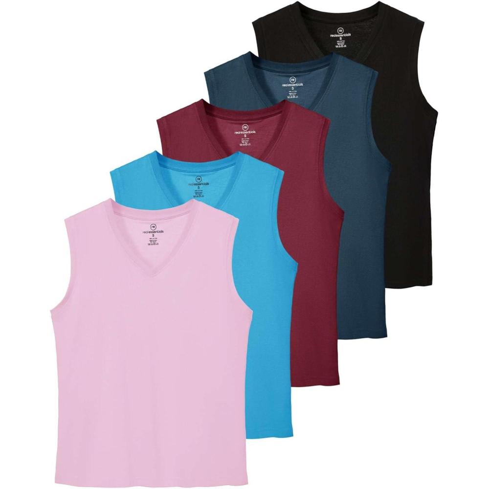imageReal Essentials 5 Pack Womens 100 Cotton VNeck Sleeveless Tank Top Basic Ladies Casual Shirts Available in Plus SizeSet 6