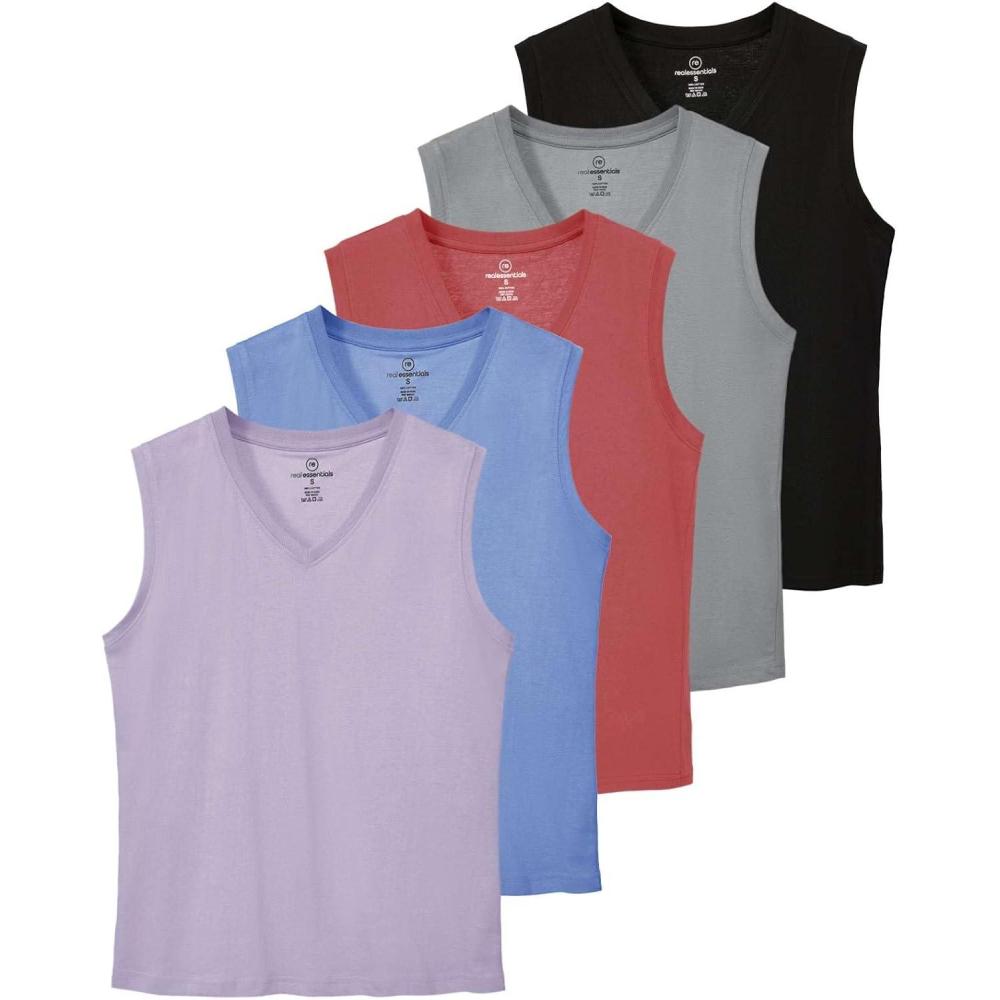 imageReal Essentials 5 Pack Womens 100 Cotton VNeck Sleeveless Tank Top Basic Ladies Casual Shirts Available in Plus SizeSet 8