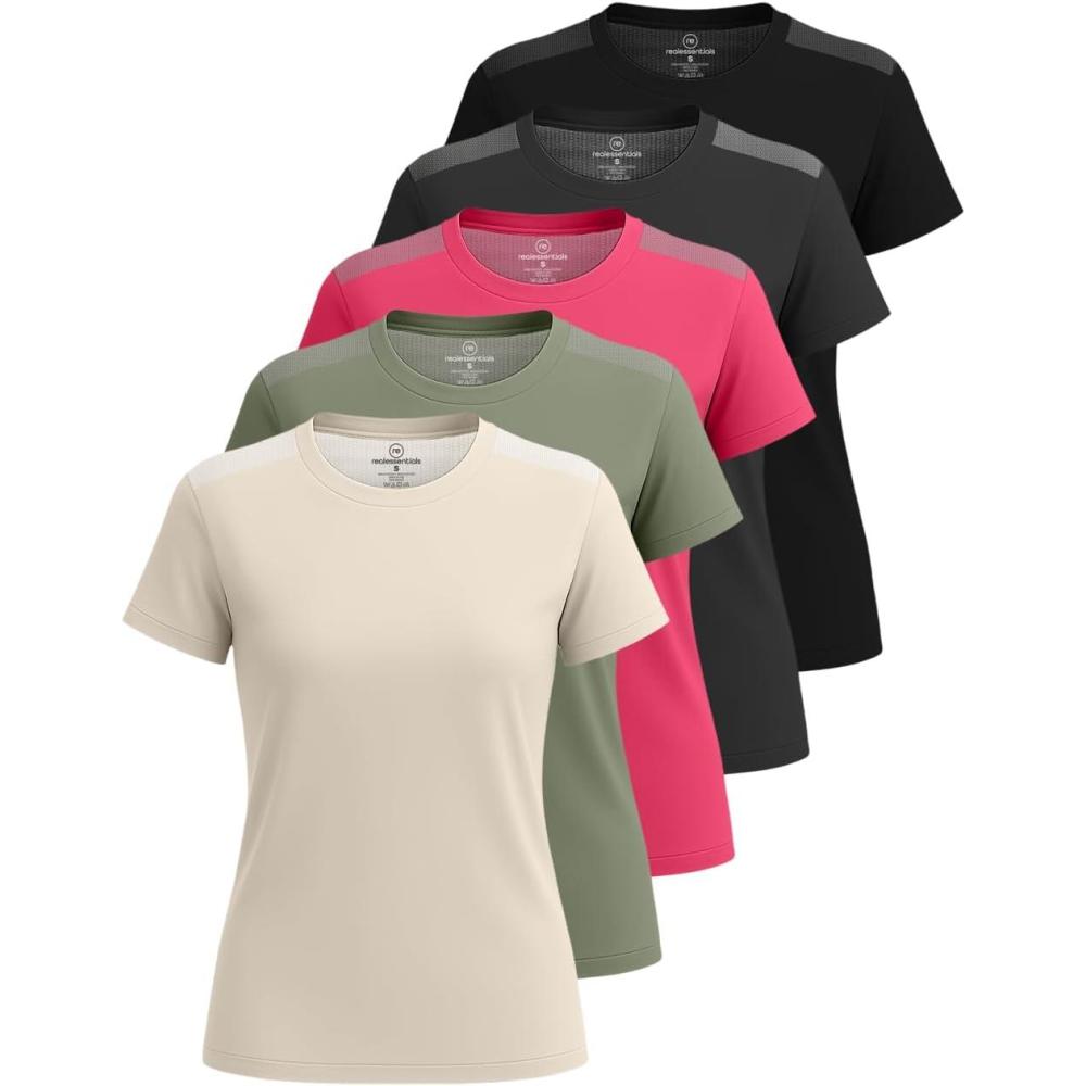 imageReal Essentials 5 Pack Womens Short Sleeve Mesh Insert TShirts Athletic Tops Gym Workout Yoga Tennis Activewear PlusSet 2