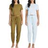 imageReal Essentials 2 Pack Womens Ribbed Knit Lounge Sets  Short Sleeve Top with Jogger SweatpantsWith Jogger Set 2
