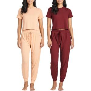 imageReal Essentials 2 Pack Womens Ribbed Knit Lounge Sets  Short Sleeve Top with Jogger SweatpantsWith Jogger Set 1