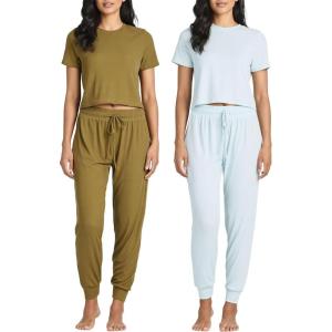 imageReal Essentials 2 Pack Womens Ribbed Knit Lounge Sets  Short Sleeve Top with Jogger SweatpantsWith Jogger Set 2