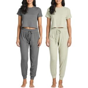 imageReal Essentials 2 Pack Womens Ribbed Knit Lounge Sets  Short Sleeve Top with Jogger SweatpantsWith Jogger Set 6