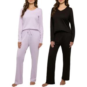imageReal Essentials 2 Pack Womens Soft Cotton Long Sleeve Pajama Set with Pants  Lounge Sets for Women Available In PlusSet 1