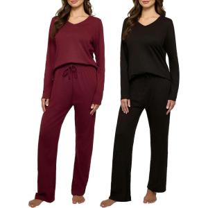 imageReal Essentials 2 Pack Womens Soft Cotton Long Sleeve Pajama Set with Pants  Lounge Sets for Women Available In PlusSet 5