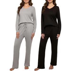 imageReal Essentials 2 Pack Womens Soft Cotton Long Sleeve Pajama Set with Pants  Lounge Sets for Women Available In PlusSet 8