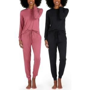 imageReal Essentials 2 Pack Womens Soft Long Sleeve Sleep Set  Comfortable Lounge Pull Over Hoodie and Henley JoggerHenley Set 5